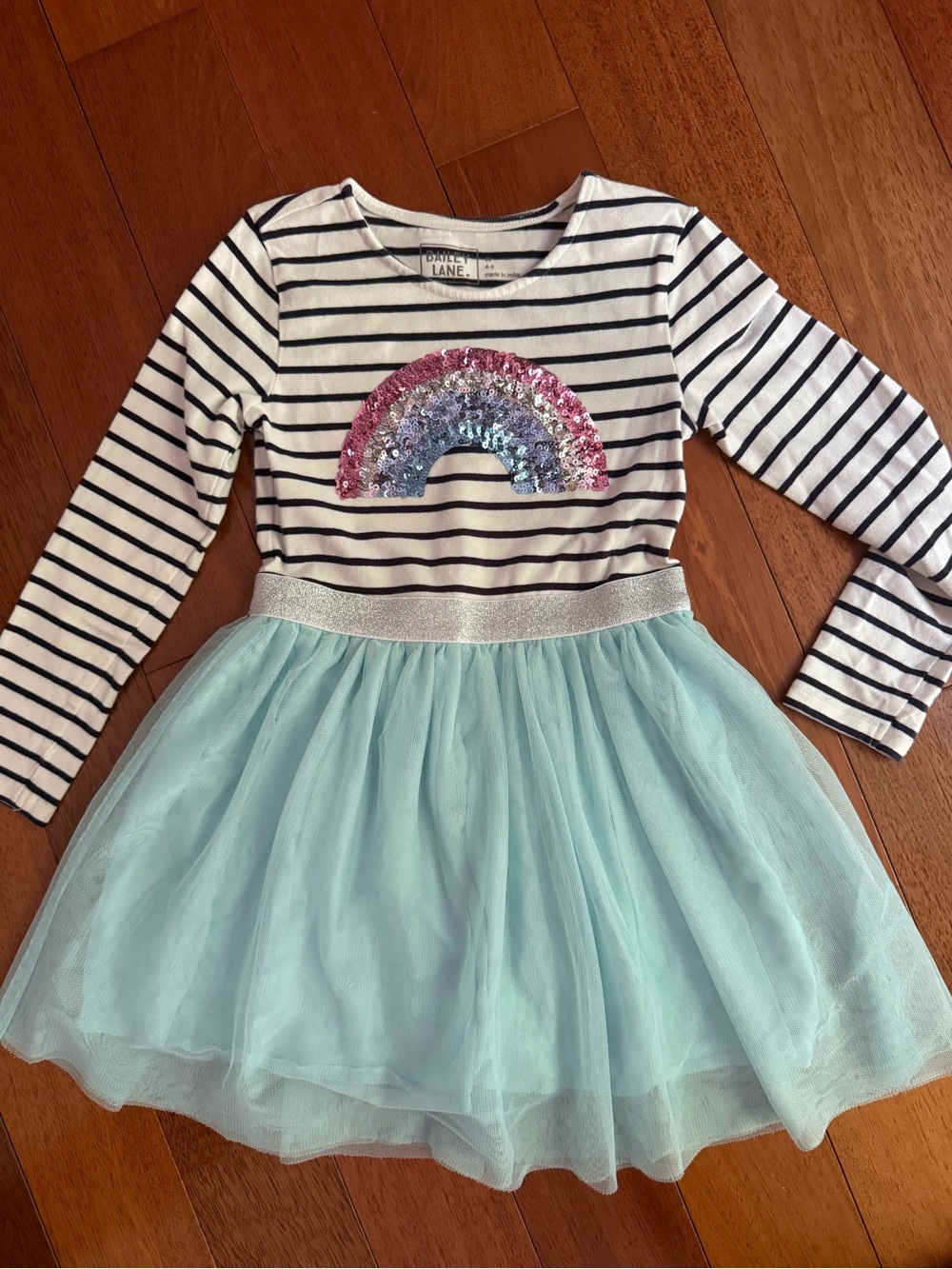 Long-Sleeve Striped Dress with Mint Tulle Skirt and Sequin Rainbow